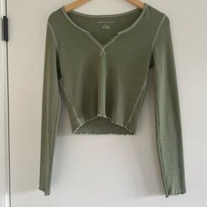 American Eagle Outfitters Sage Green Ribbed Long-Sleeve Crop Top